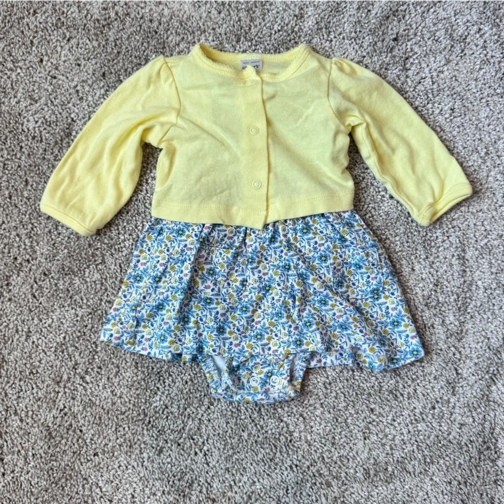 Carter’s Baby Girl Floral Dress Bodysuit with Yellow Cardigan - Size 3 Months